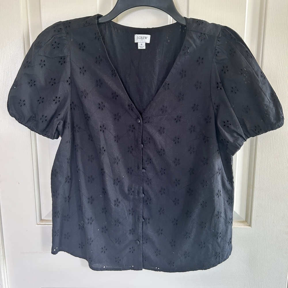 J. Crew Black Eyelet Puff Sleeve Top